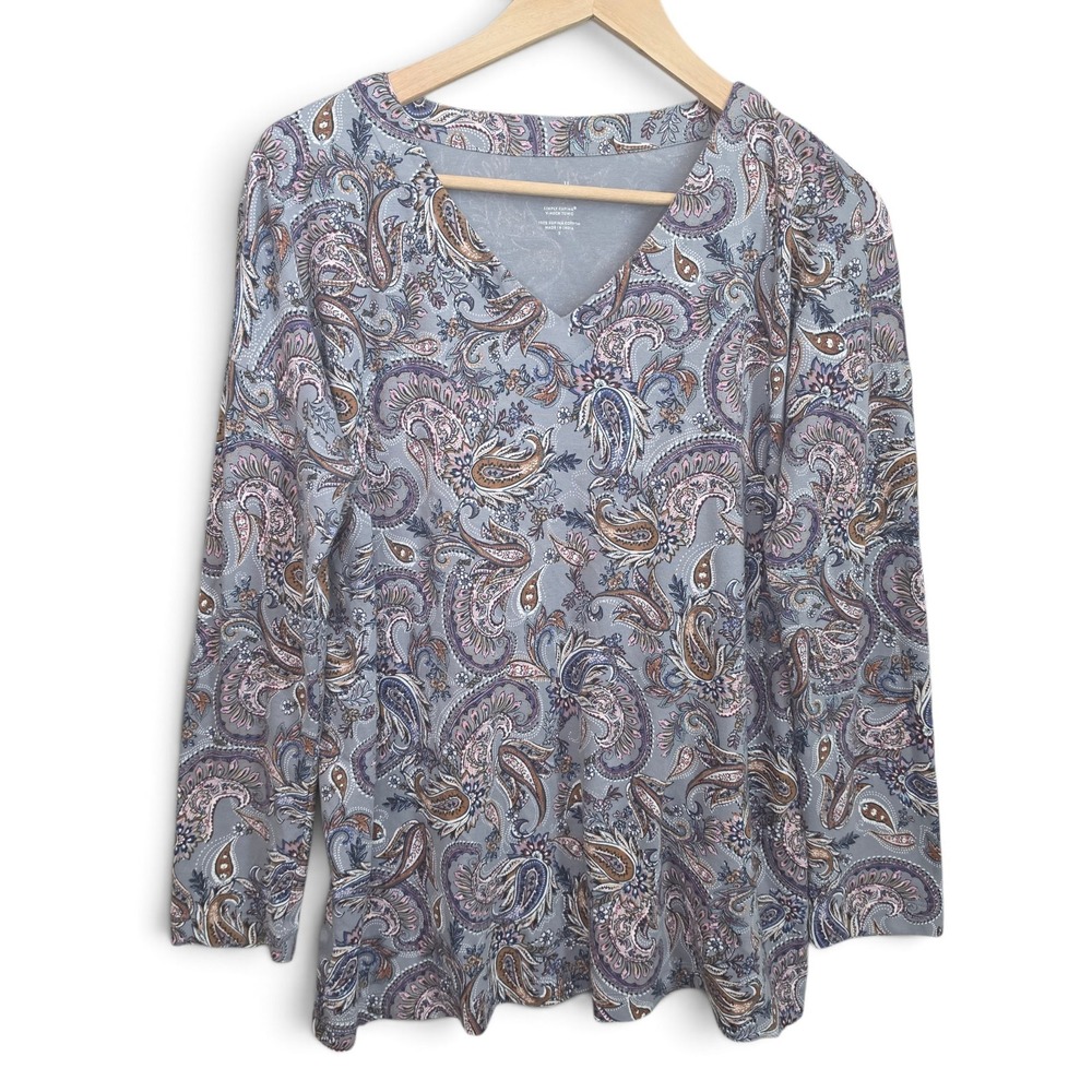 J Jill Womens Simply Supima Oversized Tunic Top Womens S Gray Paisley V Neck